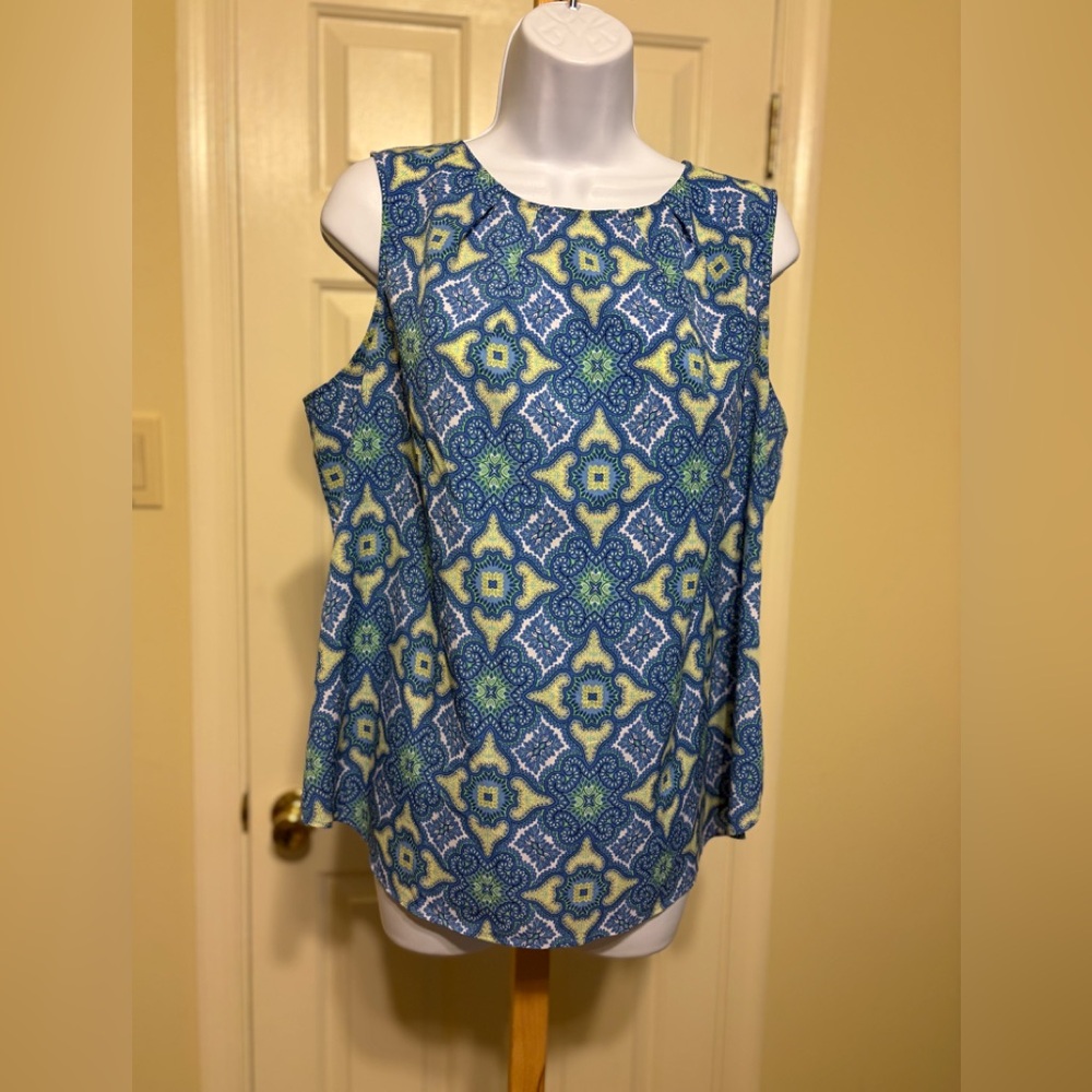 Talbots Blue and Green Geometric Sleeveless Blouse, Size: 16W
